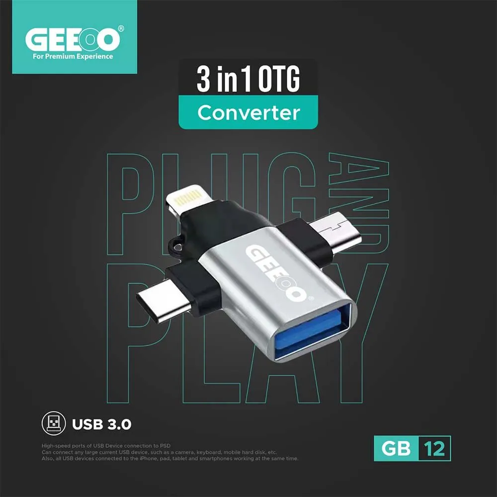 Geeoo 3 in 1 OTG Converter USB 3.0 Lightning Type C Micro USB Adapter